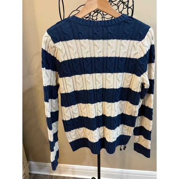 Jeanne Pierre Academia Prep Navy Cream Striped Cable Knit Cotton Sweater Size S - Picture 2 of 6